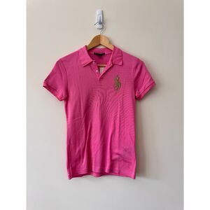 Ralph Lauren Women's Slim Fit Big Pony Pink/Gold Polo Shirt Size Medium